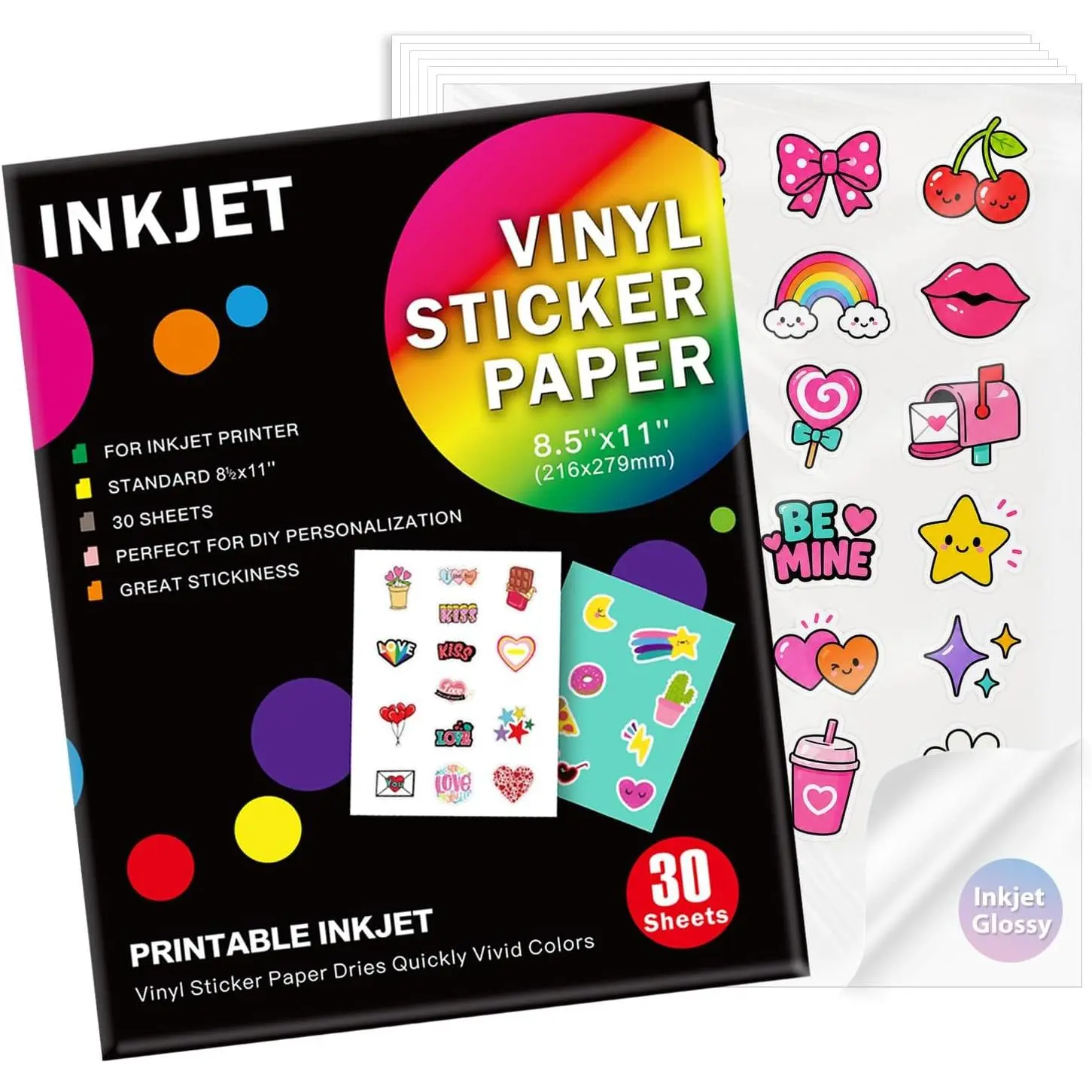 Glossy White Printable Vinyl Sticker Paper, 8.5x11 Vinyl Sheet (30 Sheets) for Inkjet Printers, Cricut-Compatible, Quick-Dry, Resistant for DIY Crafting & Labels