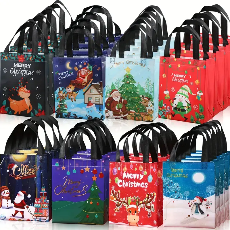 32pcs Christmas Gift Bags with Tags, Large Reusable Shopping Bags, Holiday Design, Perfect for Parties, Blue Options