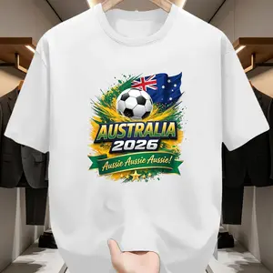 Australia 2026 Slogan Edition, AUSTRALIA 2026 Football Slogan Print Short-Sleeve Shirt, Heavyweight Blended Cotton, Comfortable and Skin-Friendly, Football Style Outfit