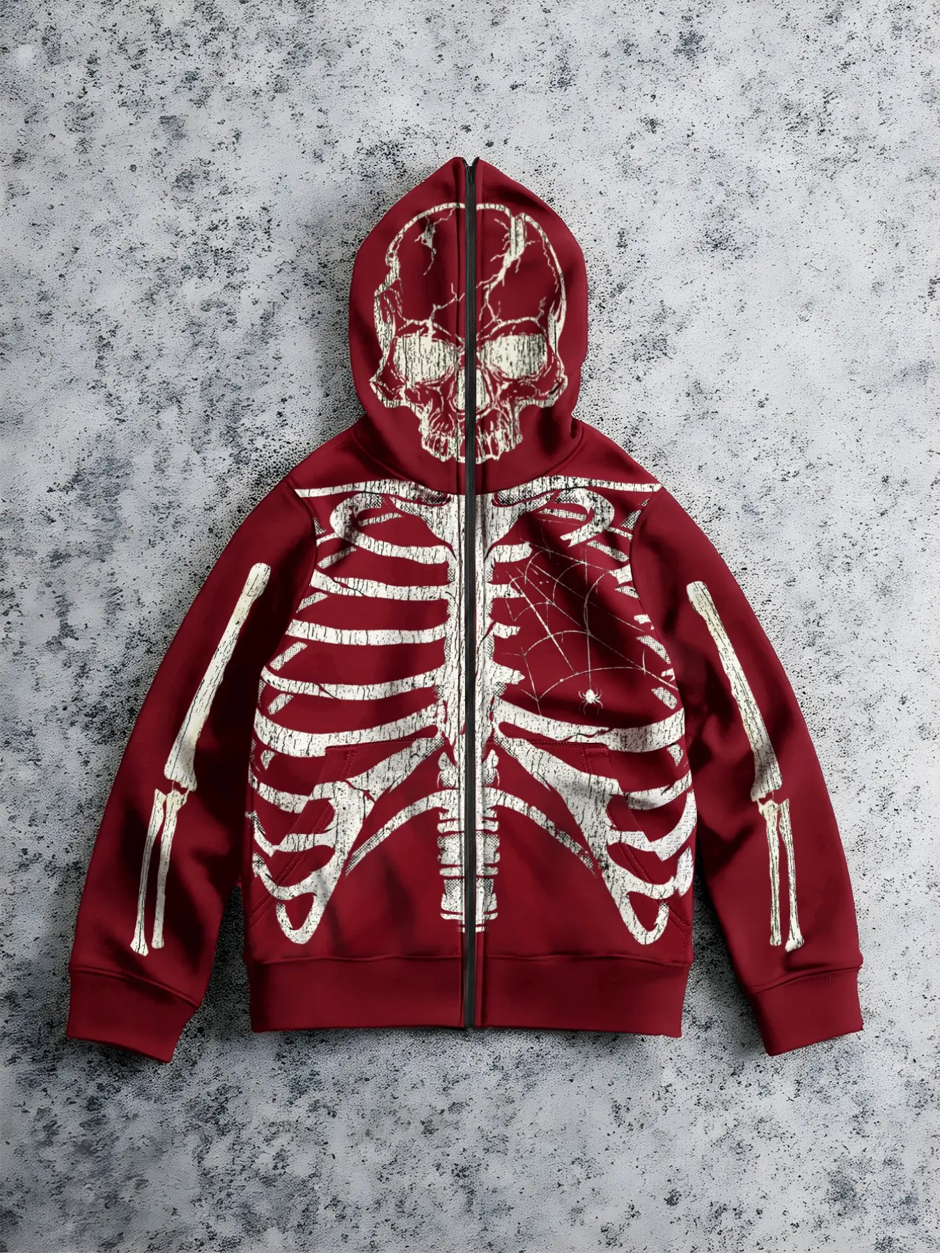 Men's Skull Print Zip-Up Hoodie, Long Sleeve Graphic Sweatshirt, Casual Winter Streetwear, Loose Fit, Contrast Binding Design, Menswear
