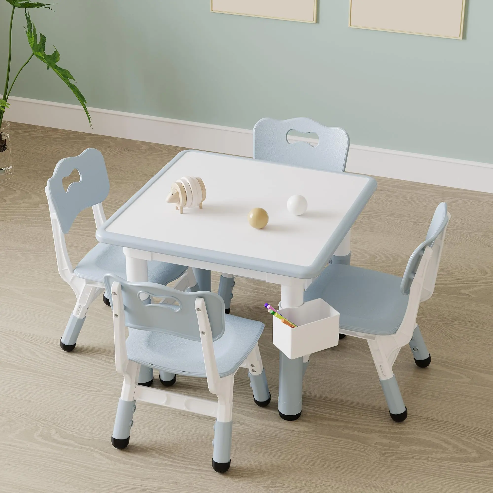 Height Adjustable Kids Whiteboard Table & 4 Chairs Set – Easy-Clean Toddler Art Play Desk for Playroom, Gray