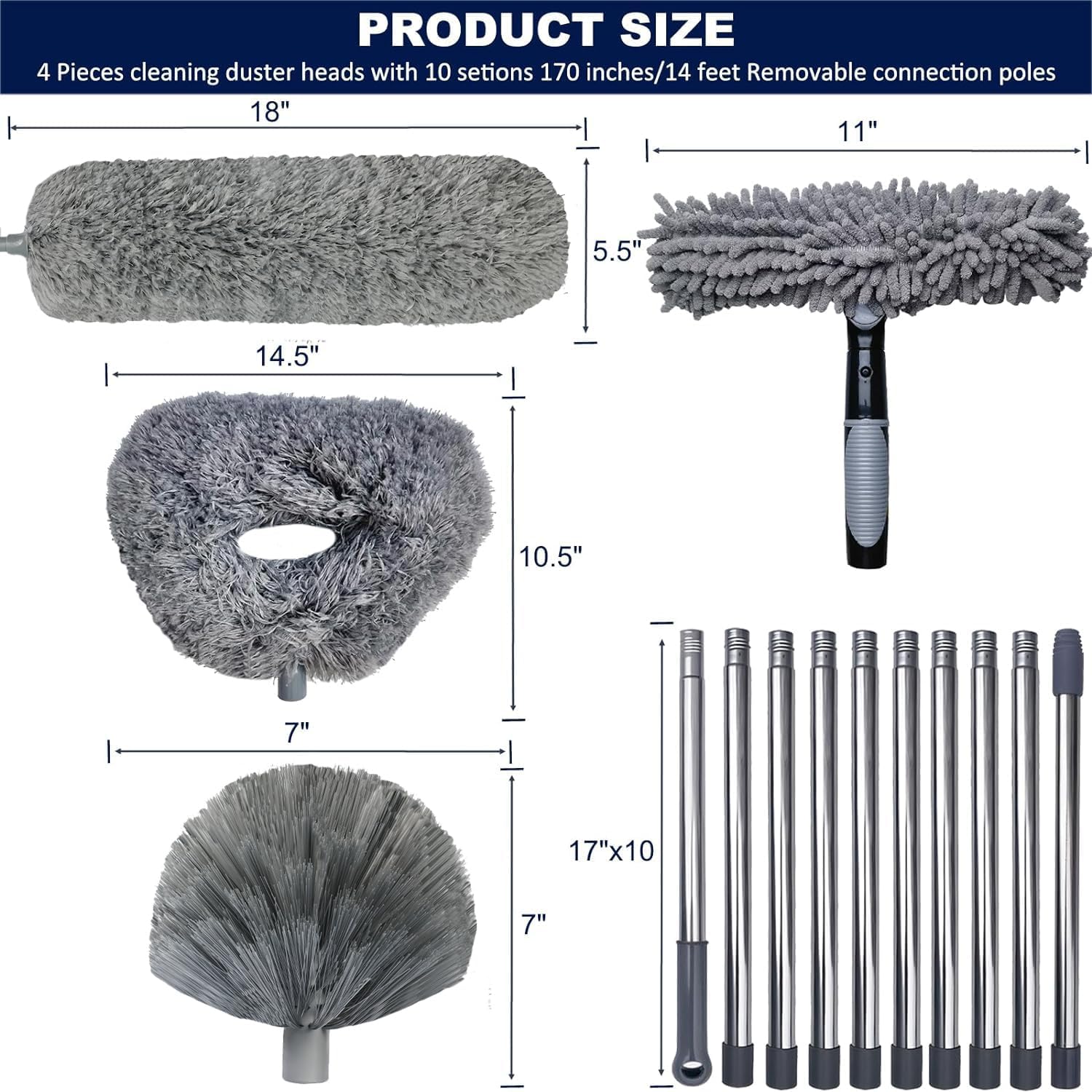 4 Pack 20+  High Reach Dusting Kit with 3-14 ft Spliceable Pole //2 in 1 Window Cleaning Kit // High Ceiling Duster // Cobweb Microfiber Duster // Ceiling Fan Duster Cleaning Kit for  Clean