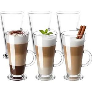 WUWEOT 6 Pack 9 OZ Tall Irish Coffee Mugs, Clear Colombian Glass Cups with Handle, Suitable for Latte, Milkshake, Cappuccino, Hot Chocolate, Tea, Water, Juice, Beer, Milk & All Hot/Cold Drinks