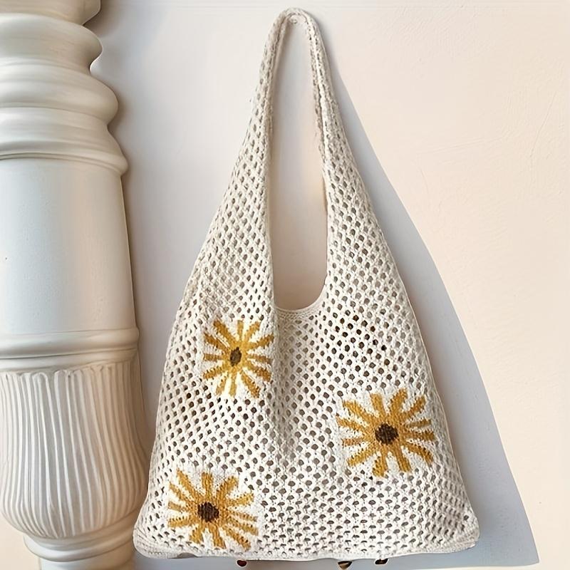 Crochet Shoulder Bag for Women with Floral Embossed Sunflower Design Beige Polyester Open-Top Tote Bag Spacious Bohemian Style Casual Handbag for Beach Outings 4 Seasons  Organiser
