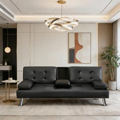 Faux Leather Convertible Futon Sofa Bed, Adjustable Recliner Couch with Cup Holders, Foldable Sleeper Sofa for Small Space, Living Room & Apartment