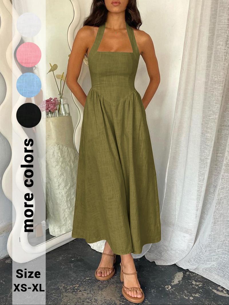 Women's Plain Pocket Zipper Back Dress, Casual Sleeveless Halter Neck A Line Dress for Summer, Ladies Clothes for Beach Holiday, Brunch Dresses