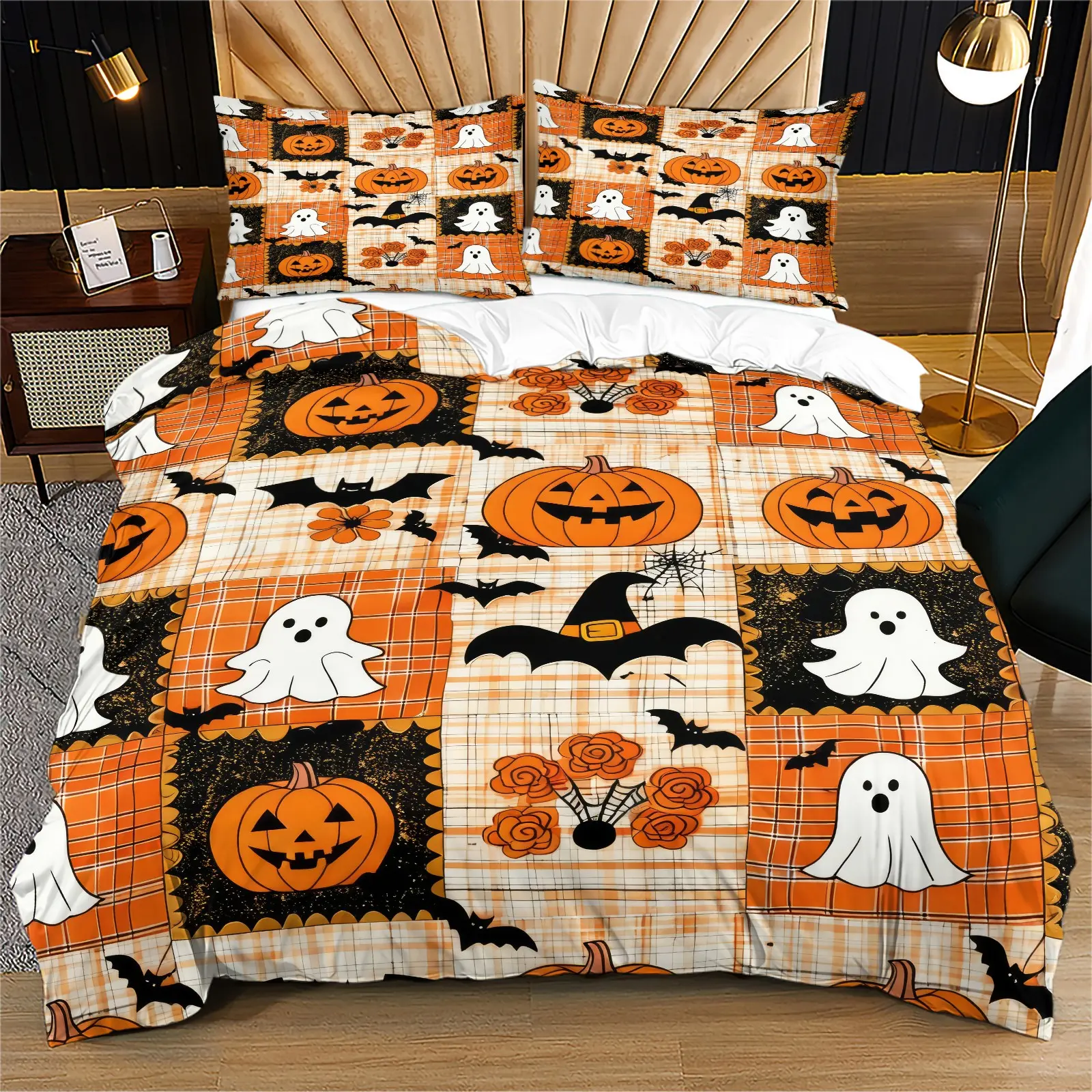 Halloween Plaid Patchwork Ghost Pumpkin Bat Witch Hat Duvet Cover Set, Bedding Set, Soft Breathable Digital Print Duvet, Zipper Closure & Corner Ties, Machine Washable, Includes 1/2 Pillowcases - without Core, Cute Halloween Bedroom Decor Gift