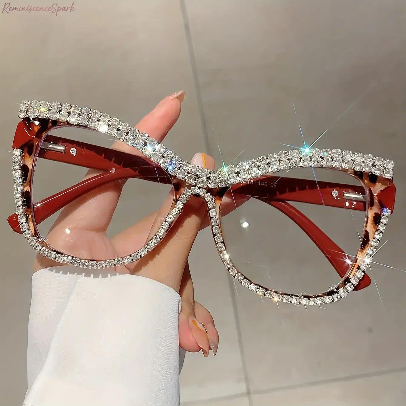2-Pack Women's Rhinestone Cat Eye Clear Lens Glasses, Lightweight Metal Hinges Non-Prescription Eyewear, Glam Decorative Shades Perfect for Daily Wear, Parties & Festivals