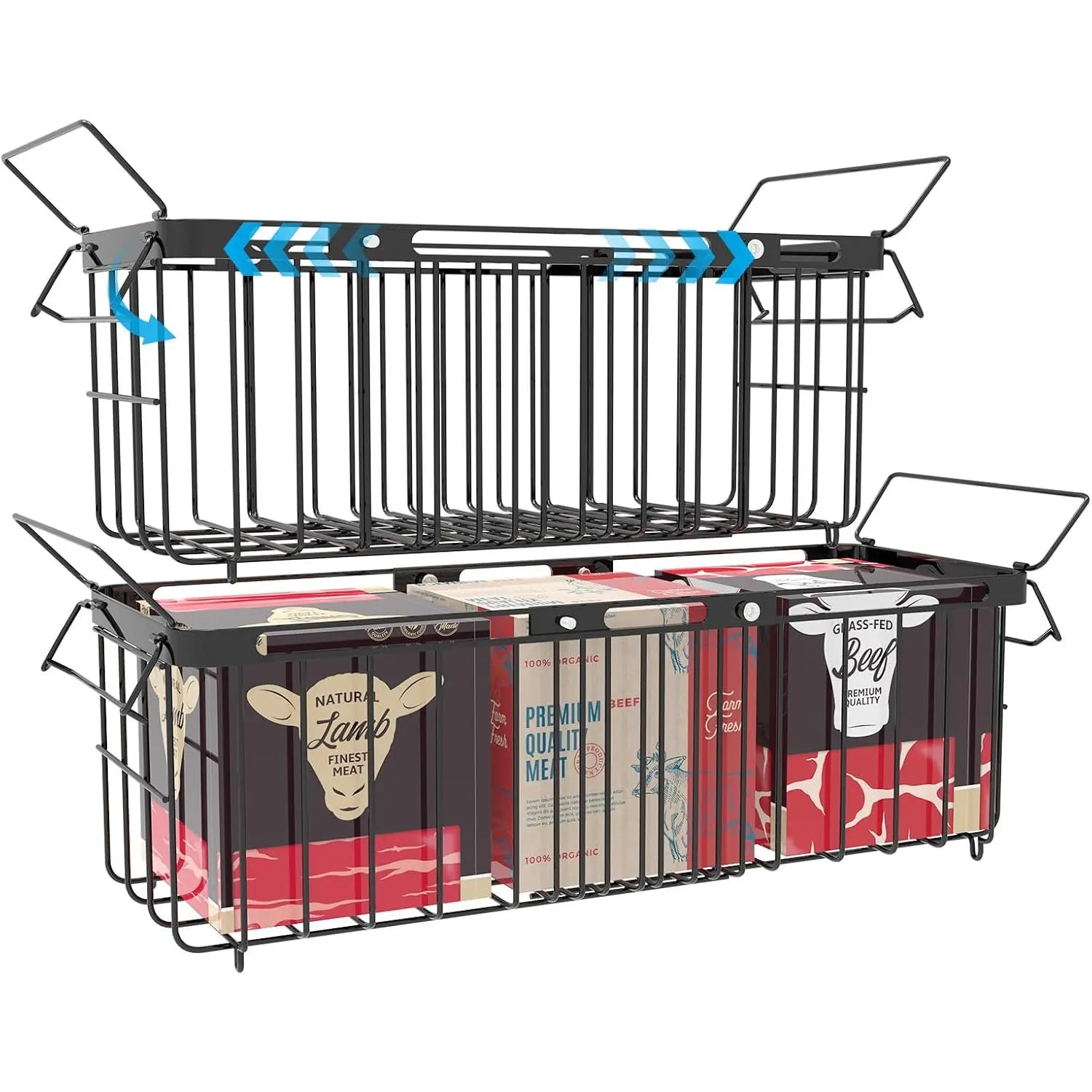 Freezer Organizer Bins, 2 Pack Expandable Stackable Hangable Chest Freezer Containers with Handles, Adjustable From 10.3" to 14.2" Storage Baskets for Fridge, Deep Freezer, Cabinet, Pantry, Kitchen