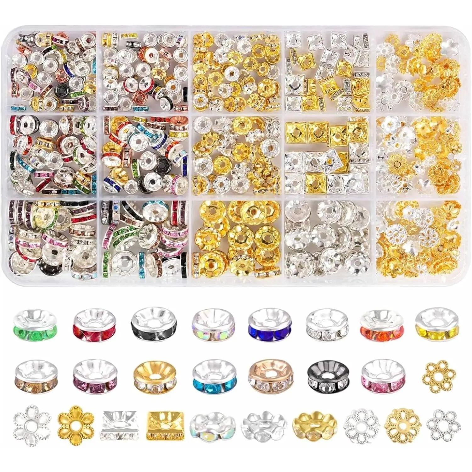 Rhinestone Spacer Beads for  Making, Bracelet, Pen, , Crafts | 610 count, 6mm, 8mm, 10mm, colorful,   rondelle beads, metal, large hole, ,  bead spacers