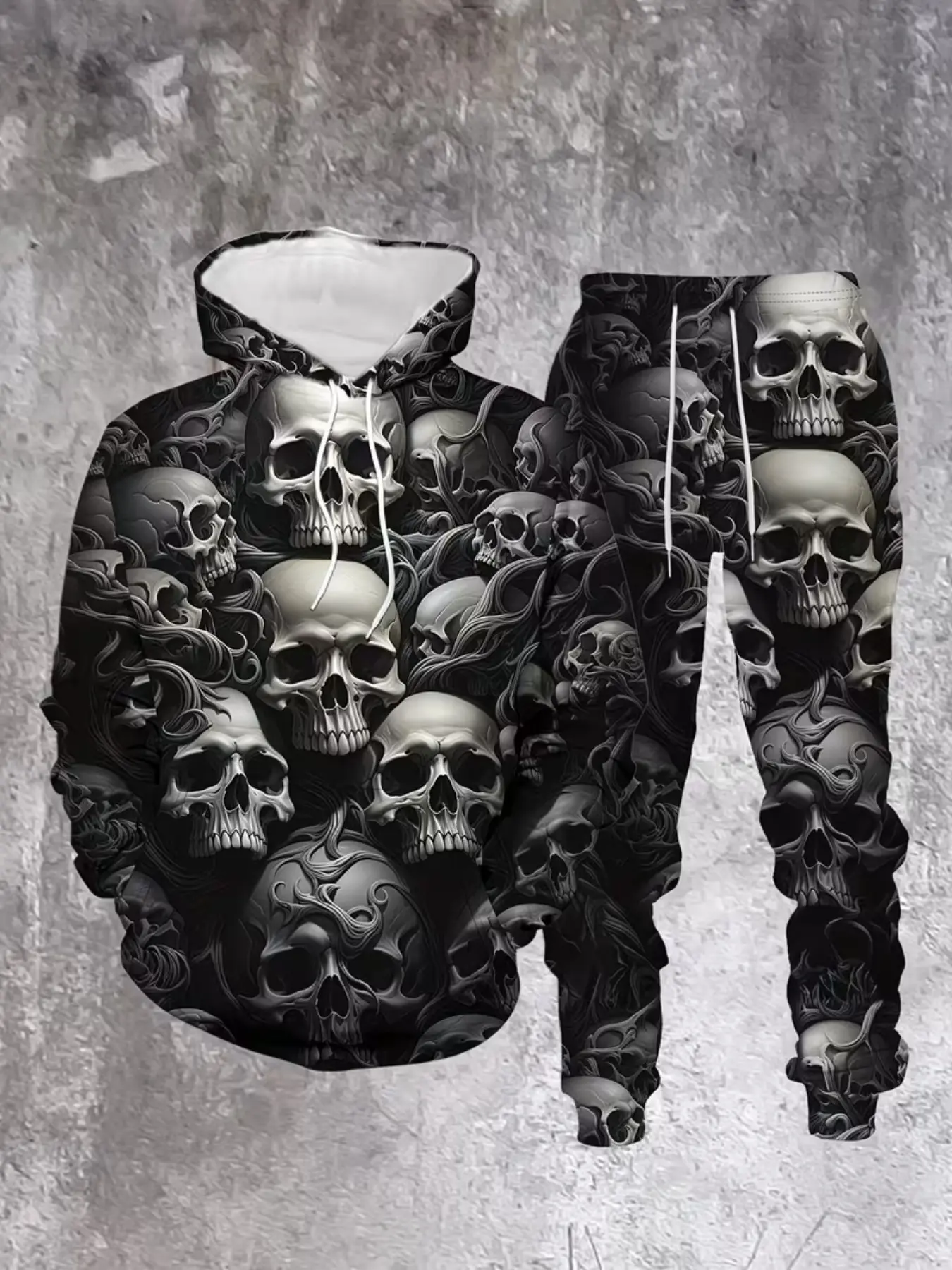 Men's Halloween Casual Hooded Set, Skull Pattern 3D Print Sweatshirt & Pants, Comfortable Elastic Fabric, Long Sleeve, Ankle Length, Festival Party Wear