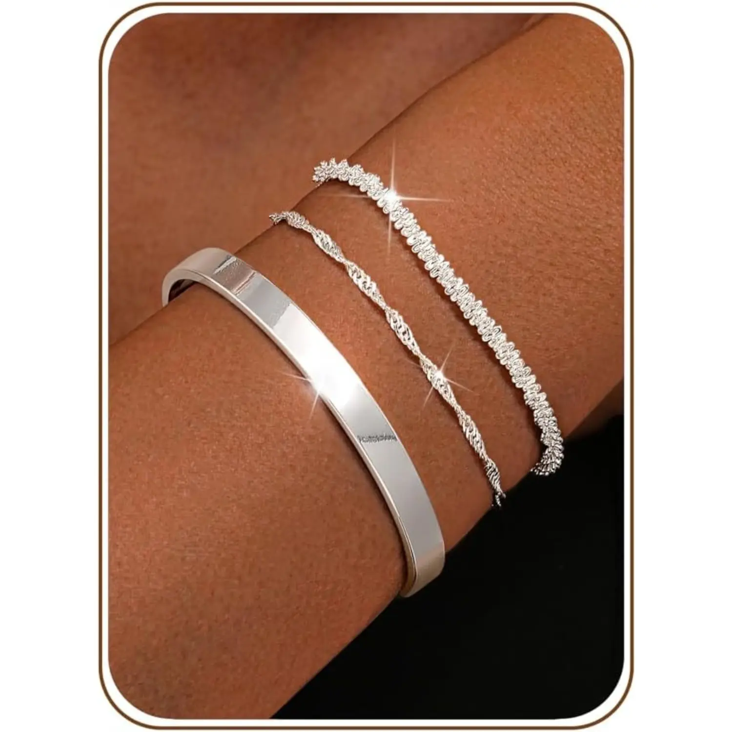 FIASASO 3Pcs 925 Sterling Silver Bracelets for Women Girls Adjustable Stackable Bracelets Set Layered Chain Bracelet Silver Bangles for Womens Ladies with Gift Box