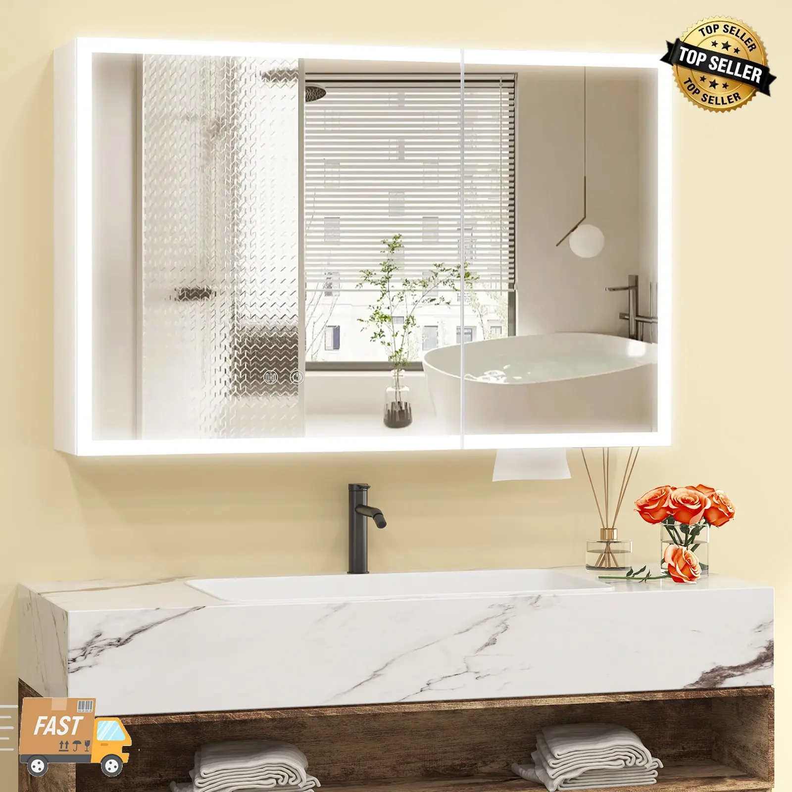 LED Bathroom Mirror Cabinet with Touch Switch, 3 Colors, 90 cm Wall Mounted Medicine Cabinet with Storage Shelves