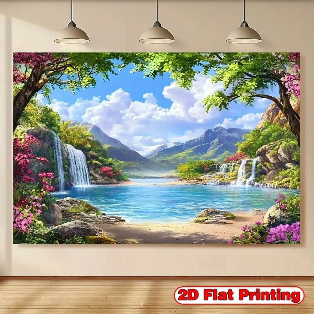 2D Flat Waterfall & Lake Landscape Banner | Single-Sided Polyester | Metal Grommets for Easy Hanging | Serene Nature Wall Decor for Living Room, Photography, Graduation, Birthday, Anniversary & Party Backdrop