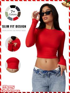 women's solid round neck compression sports tee, quick drying long sleeve crew neck crop t-shirt, ladies sportswear for indoor outdoor wear, workout clothes, workout tops, compression shirts, spring tops