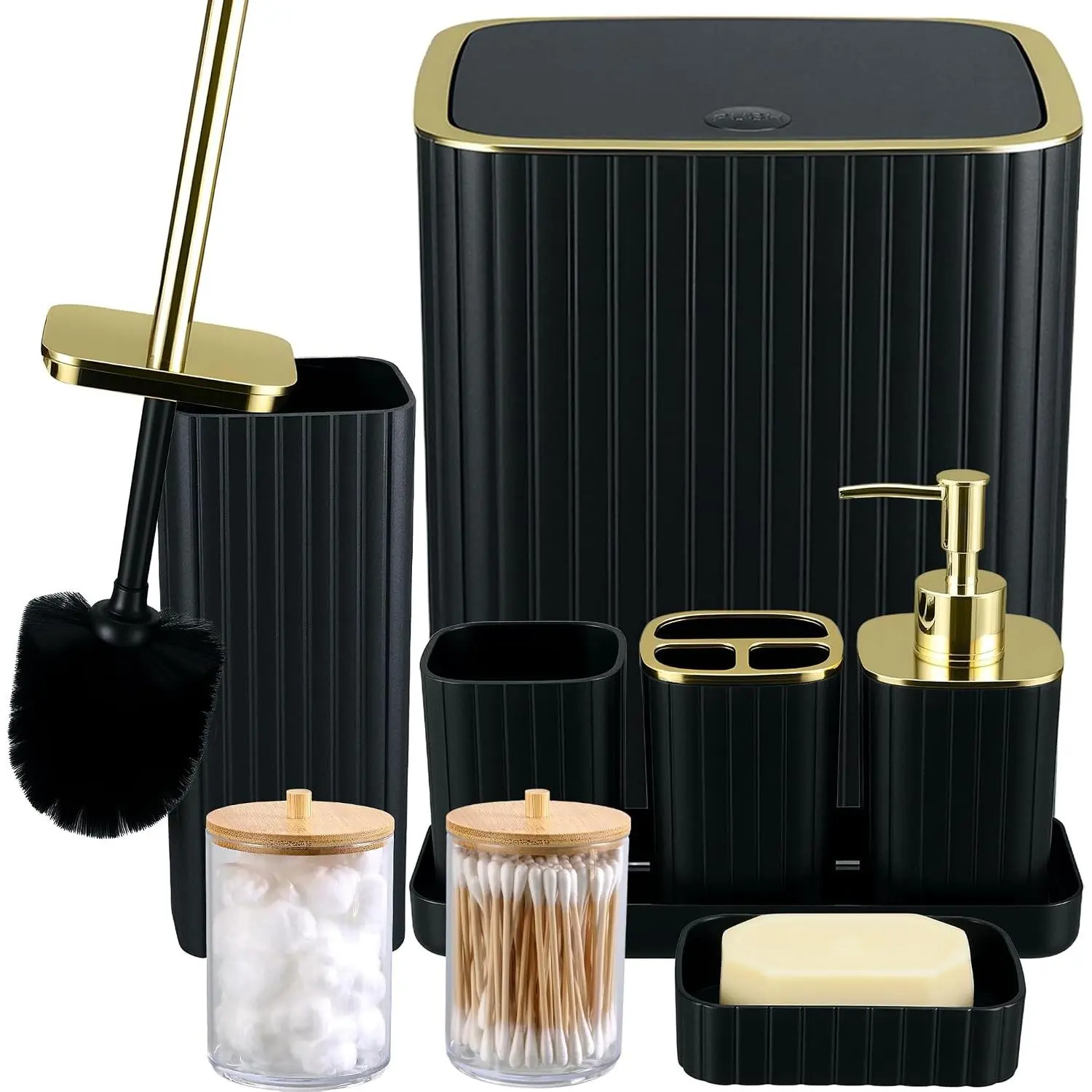 Bathroom Accessories Set-9PC Set with Toilet Brush, Trash Can, Soap Dispenser, Q-Tip Holder | Modern Home Bath Essentials (Black, Bath Set)