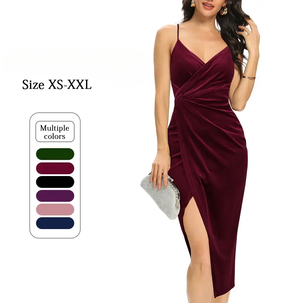 Women's Spaghetti Strap Wrap V Neck Ruched Slit Midi Dress,Adjustable & Comfortable Formal Party Guest Wear,Birthday Dress