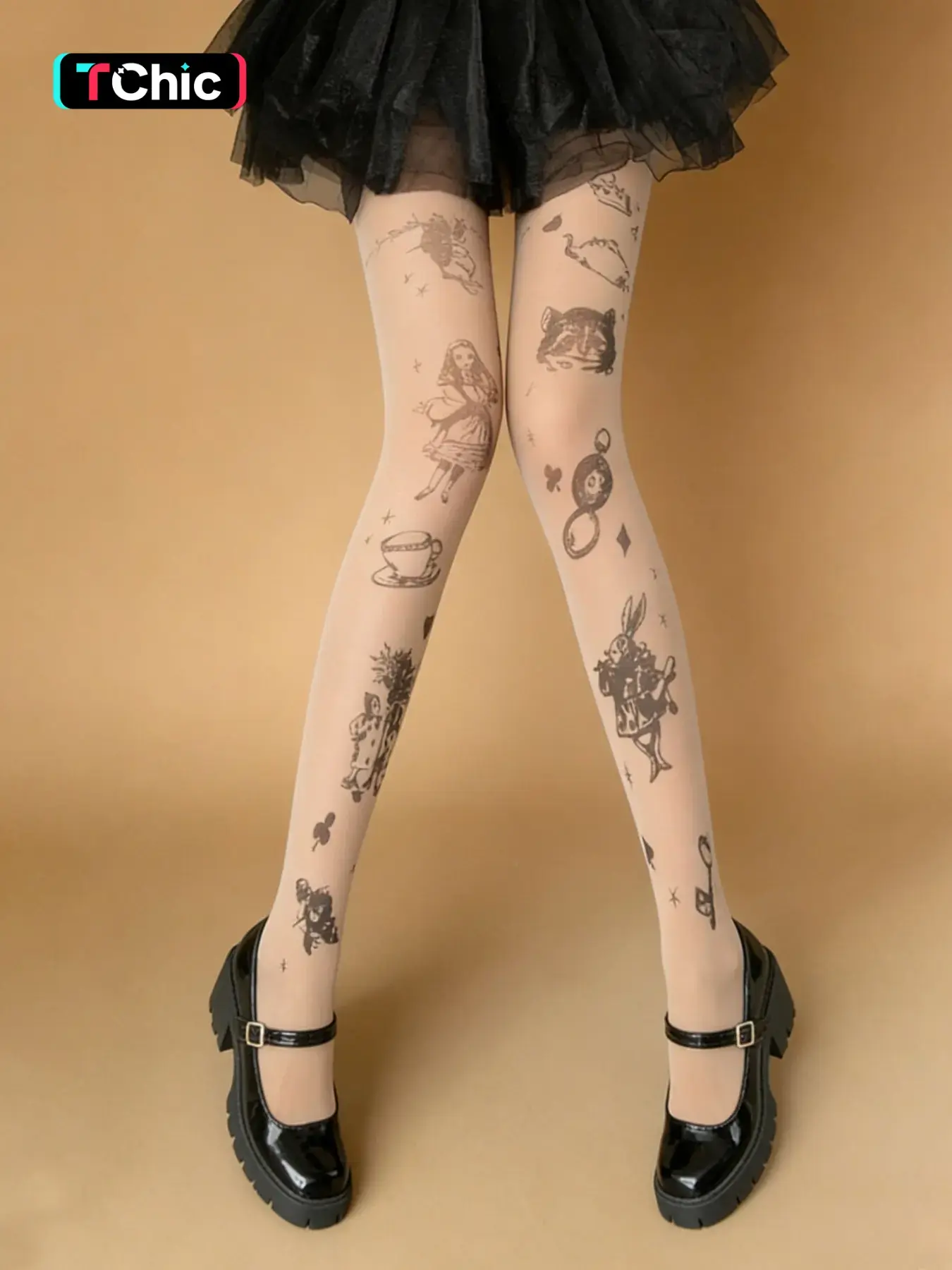 Women's Peach Color Stockings, Tattoo Style Print, Soft and Lightweight, All-Day Comfort, Versatile Fashion, Elegant Transparency