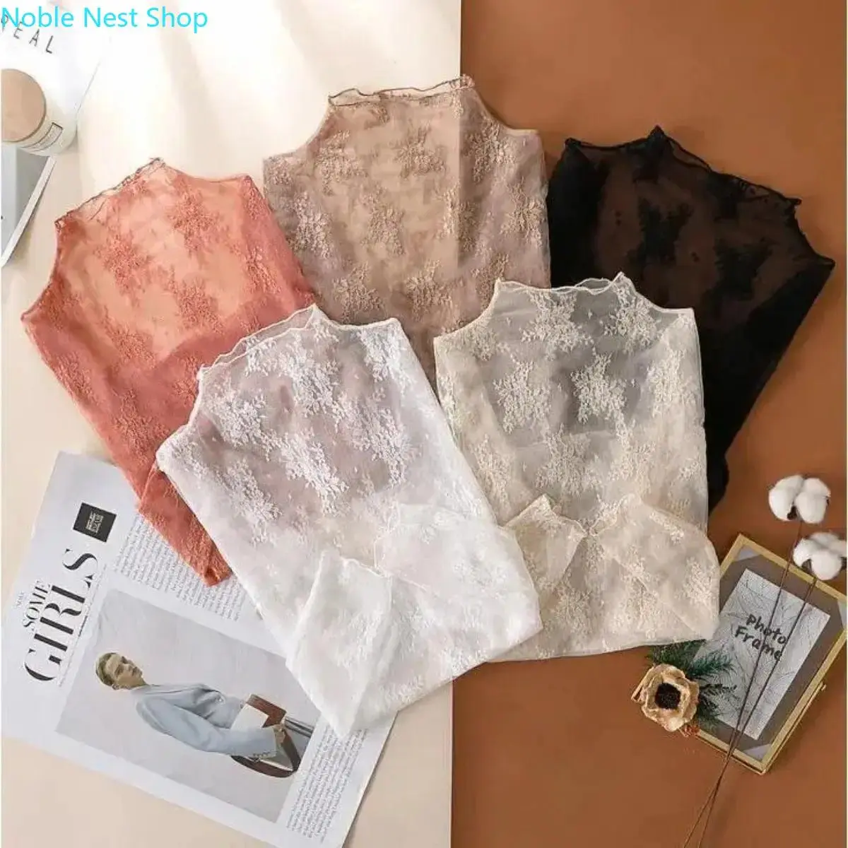 3-Pack Women’s Sheer Floral Embroidered Lace Long Sleeve Mock Neck Tops, Black White Coffee Elegant Blouse for Daily Party Wear