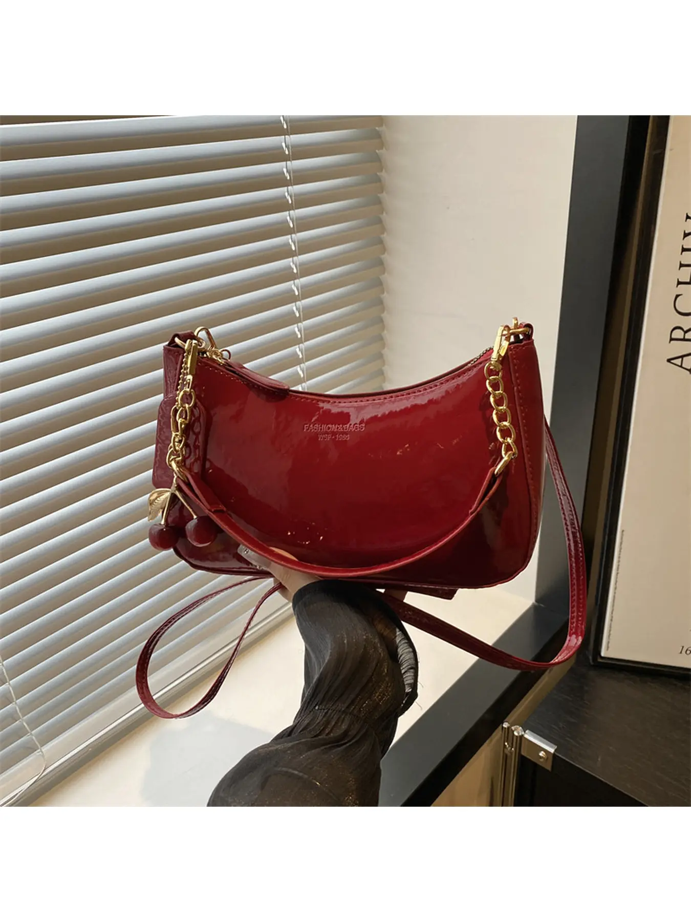 2026 New Patent Leather Underarm Bag for Women with Free Cherry Charm, Trendy Solid Color Shoulder Crossbody Bag, Elegant Small Handbag for Commuting, Dating and Daily Use