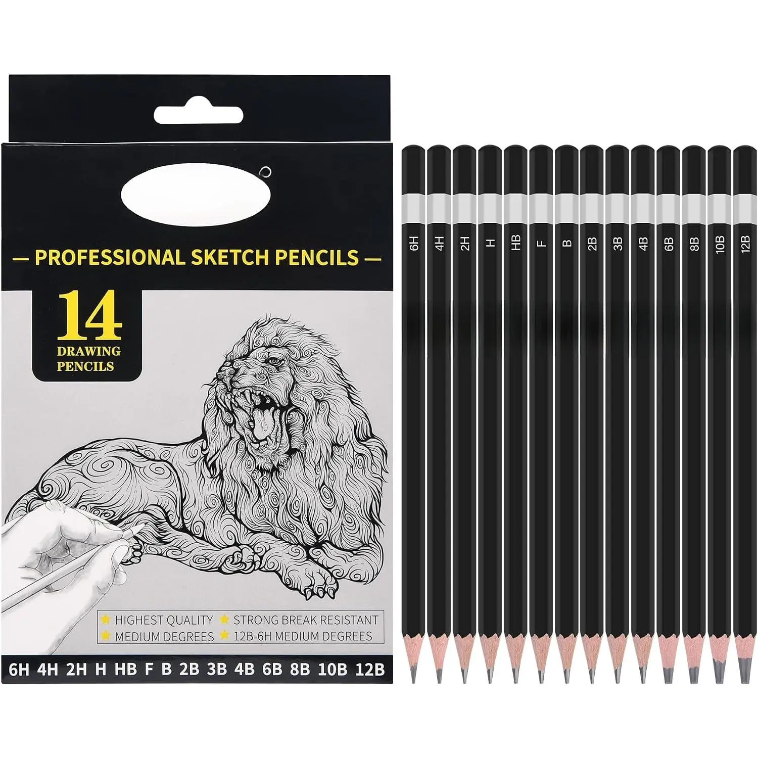 14-Count Professional Triangular Tip Graphite Sketch Pencils Set - Graphite Lead, 6H-12B Range (6H,4H,2H,H,HB,F,B,2B,3B,4B,6B,8B,10B,12B) for Drawing, Shading - Office Stationery Writing Tool