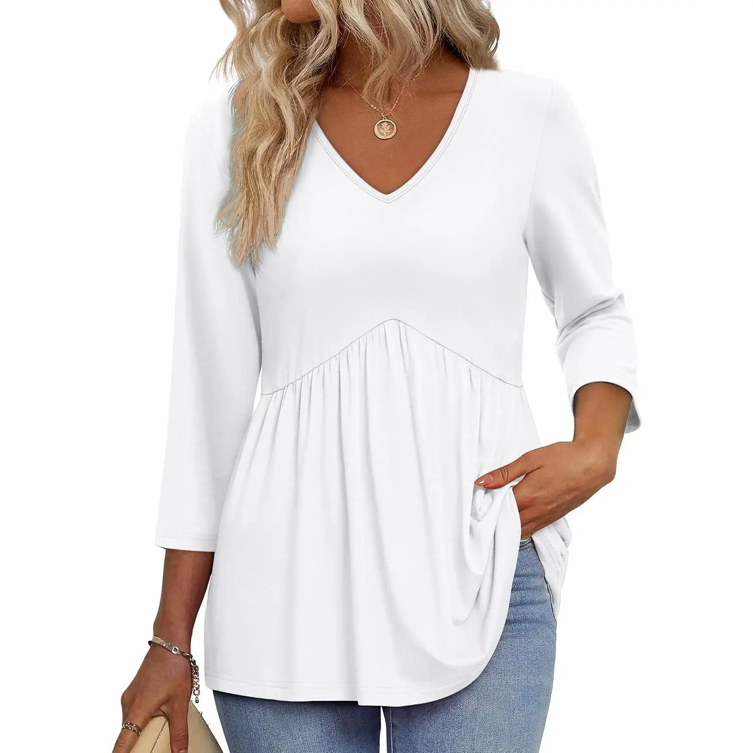 3/4 Length Sleeve Womens Tops 2026 Blouses for Women Dressy Casual Fashion Clothing V Neck Babydoll Tops Fall Outfits