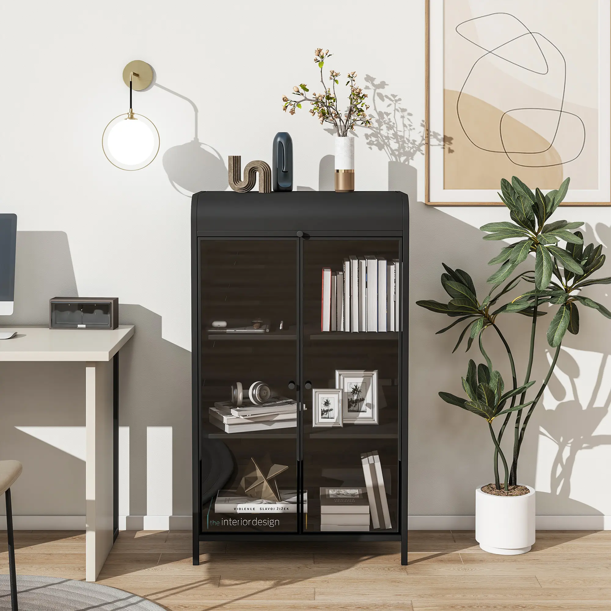 Nokaa 47.6" Tall Metal Storage Cabinet with Glass Doors & Flip-Top, 4-Tier Display Cabinet with Open Shelves, Freestanding Steel Sideboard Buffet for Kitchen, Living Room, Home Office, Dining Room, Bathroom