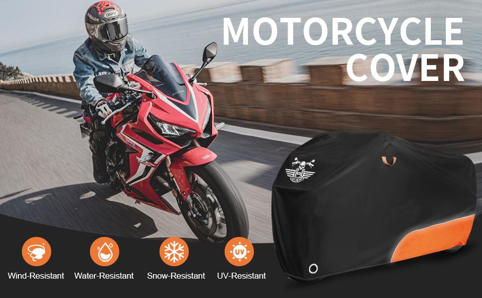 THE WELL KEPT Waterproof Motorcycle Cover for Outdoor Storage with Lock-Holes, Zipper Storage Bag and Night Reflective Design, All Season Protection, Fits up to 96.5" Motorcycles