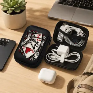 EVA portable zipper pouch with vintage card art print, durable travel storage bag to hold earbuds, USB cables and small electronic accessories.
