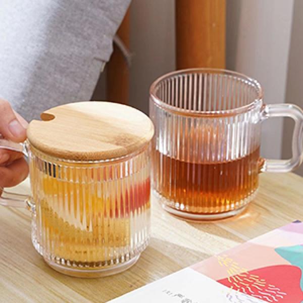 6 PACK Premium Glass Coffee Mugs with Handle, 12 OZ Classic Vertical Stripes Glass Coffee Cups, Transparent Tea Cup for Hot/Cold Beverages, Glassware Set for Americano, Latte, Cappuccino