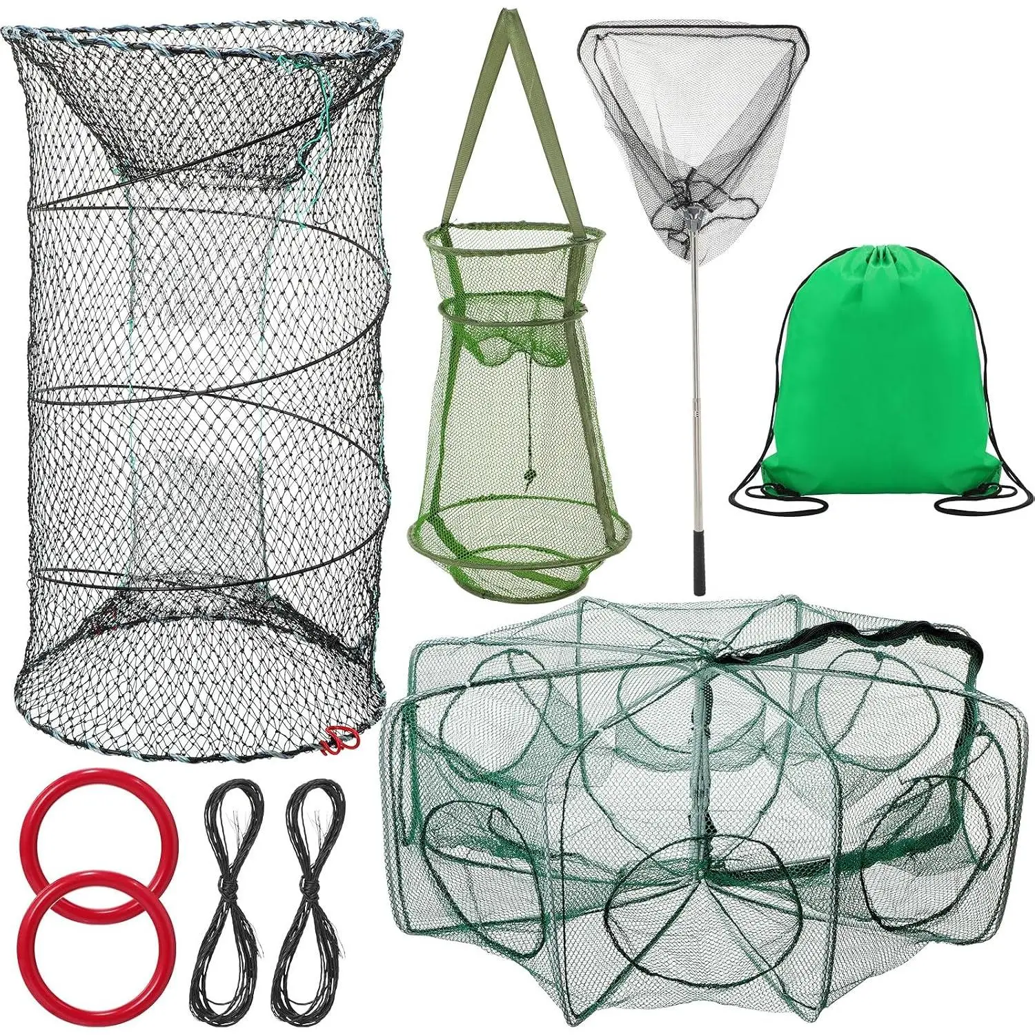 5 count Fishing Net Accessories Include Fishing Landing Net with Handle, 26in x 13in Portable Folded Cast Net, 8 Holes 8 Sides Collapsible Fishing  , Fishing Keep Net, Drawstring Bag