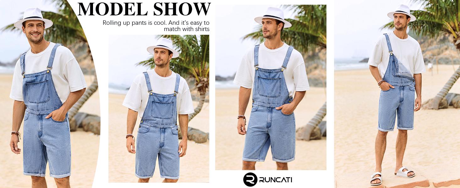 Beotyshow Mens Denim Shorts Bib Overall Jean Romper Casual Loose Fit Walkshort Button Pockets Summer Jumpersuit Fashion Menswear