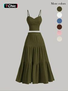 women's solid crop cami top & a-line skirt two-piece set, casual fashion cozy minimalist basic two piece spaghetti strap outfits for daily outdoor wear, ladies clothes for summer, womenswear, casual formal set