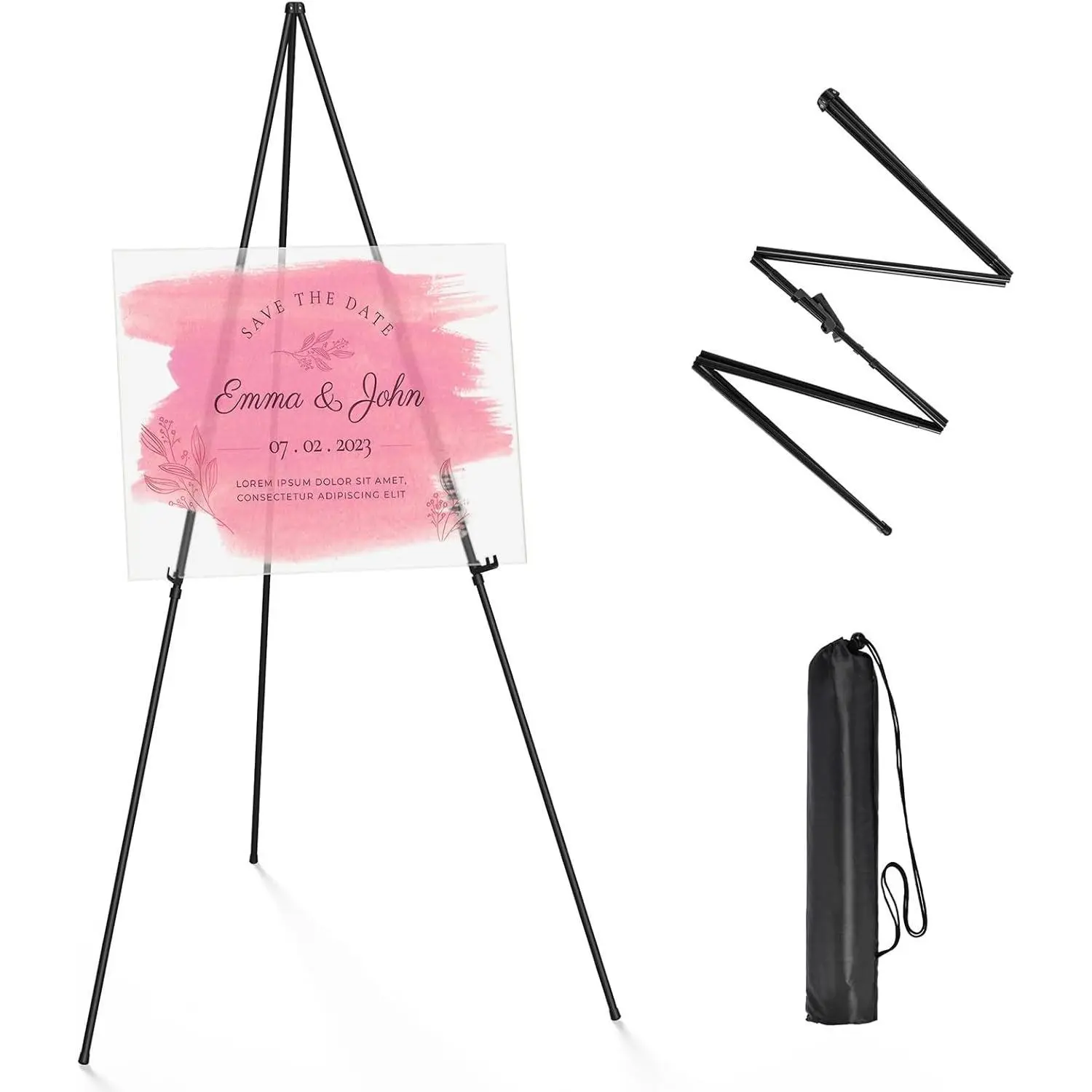 Thicken Display Easel for Wedding - 63" Instant Tripod Collapsible Portable Sturdy Floor Easel - Easy Folding Adjtable Poster Metal for Signs, Display Show, Artist, Art, Painting - Black