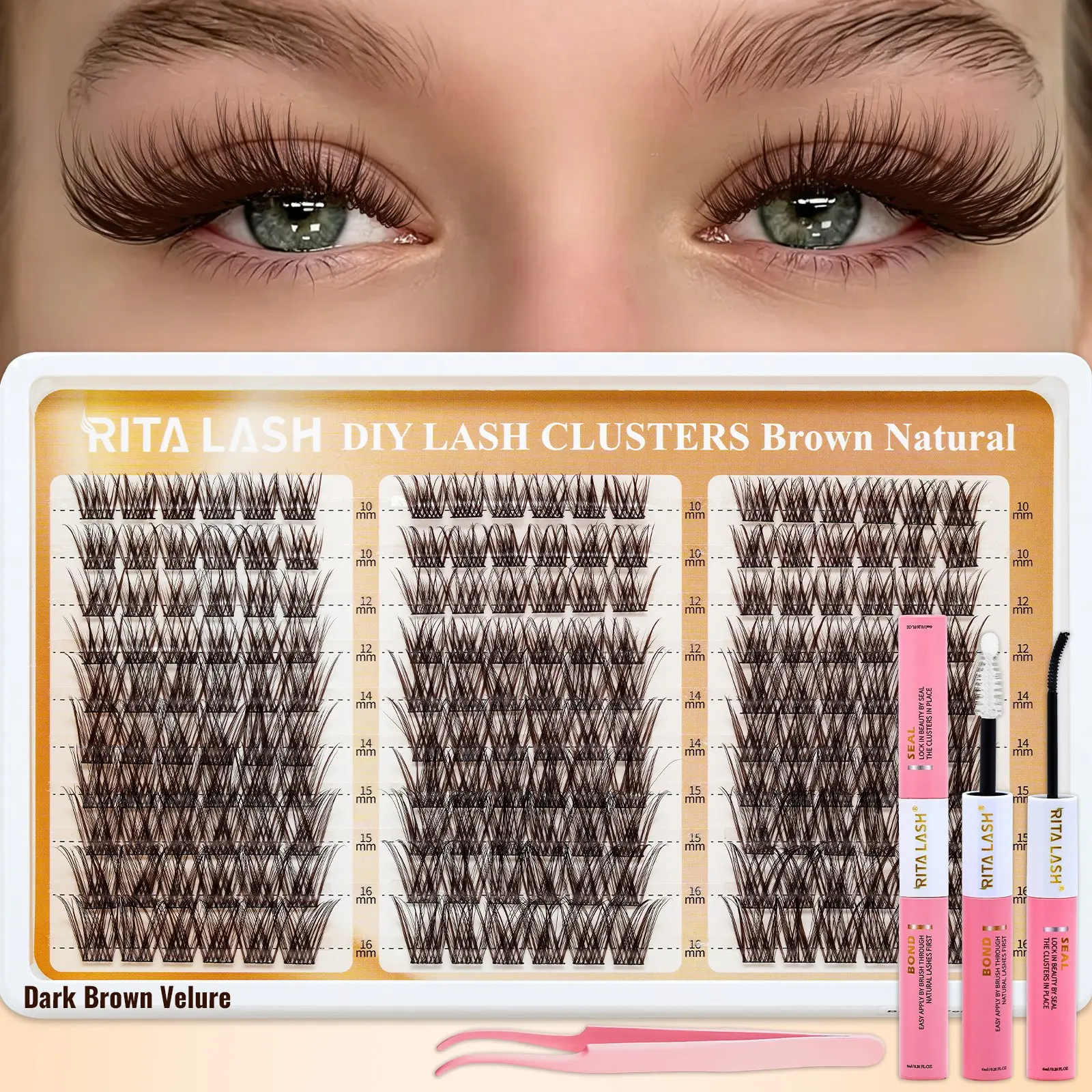 RITALASH 180PCS Dark Brown Velure Fluffy Lash Clusters Natural Clusters Kit Wispy Individual Lashes Clusters Separated False Eyelashes DIY Ultra-Light Lash Extensions Soft D Curly Eye Lashes with Bond&Seal and Tweezers
