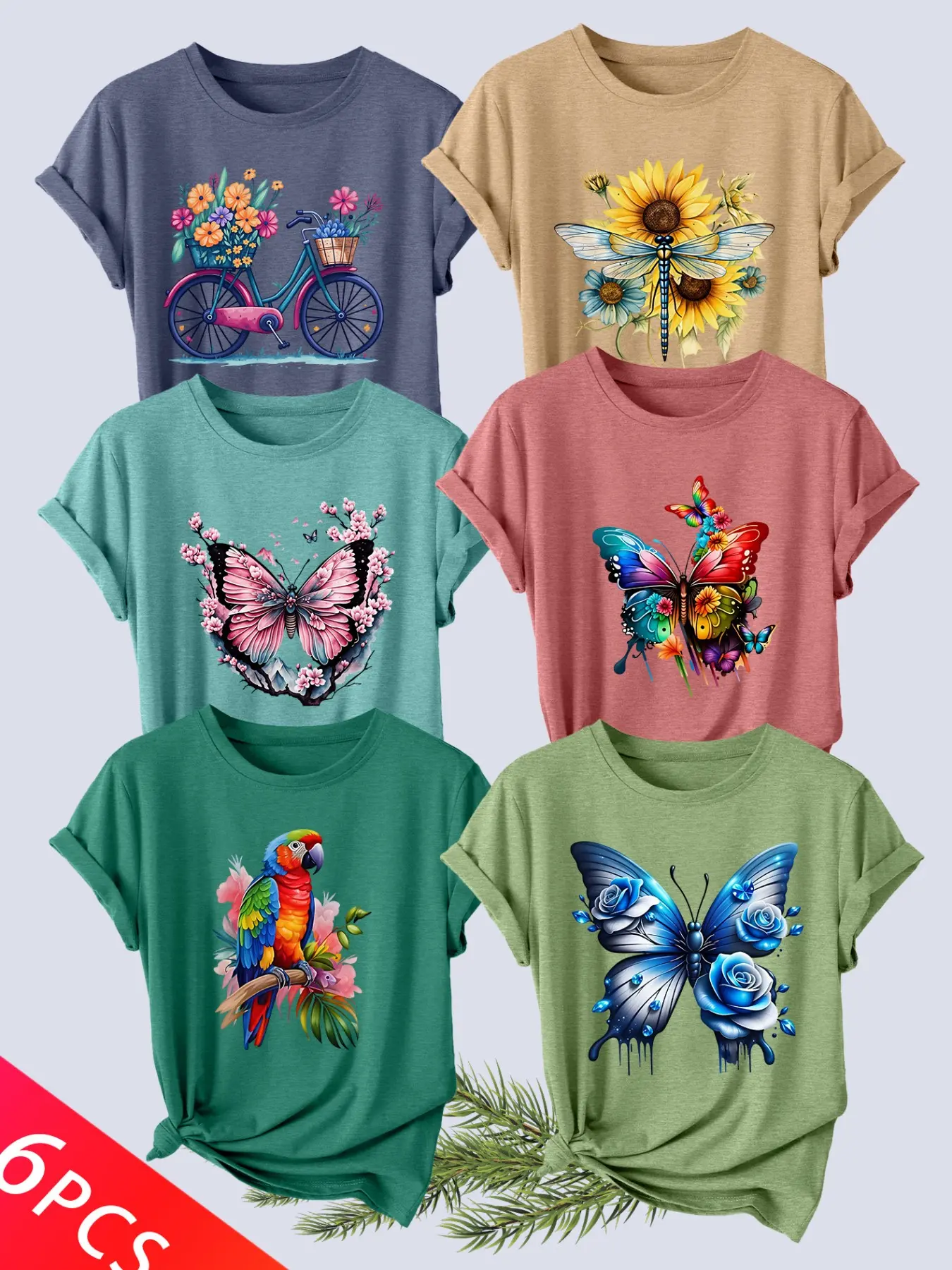 6Pcs Women Crew Tee Round Neck, Bike Sunflower Parrot Butterfly Floral Print, multi-washable casual tee Summer Top