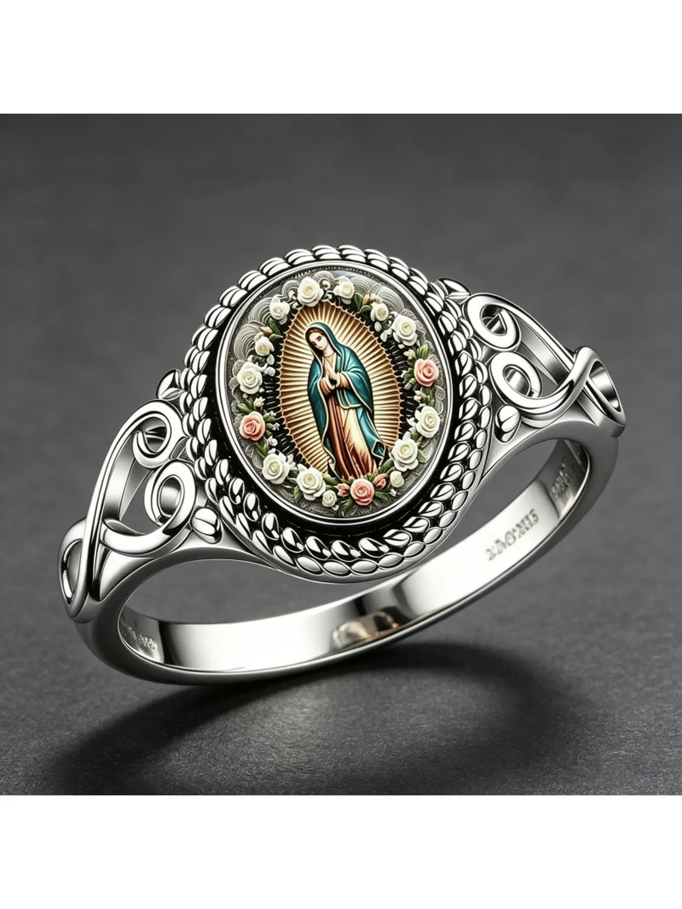 Lady's vintage hollow-patterned round ring with Guadalupe Virgin Mary's flower-encrusted illustration design as a decorative piece for Catholic faith, wishing and blessing, suitable for daily gift-giving and decoration, Religious Vintage Ring.
