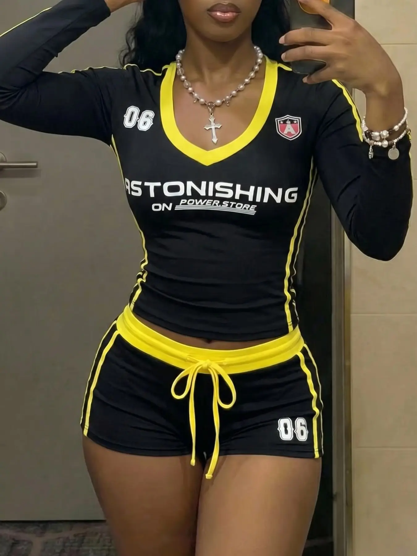 Black Yellow Sporty Two Piece Set Women V Neck Long Sleeve Slim Fit Crop Top Drawstring Mini Shorts Graphic Print Matching Set Y2K Streetwear Clubwear Active Outfit Summer Going Out Outfit Casual Sporty Design