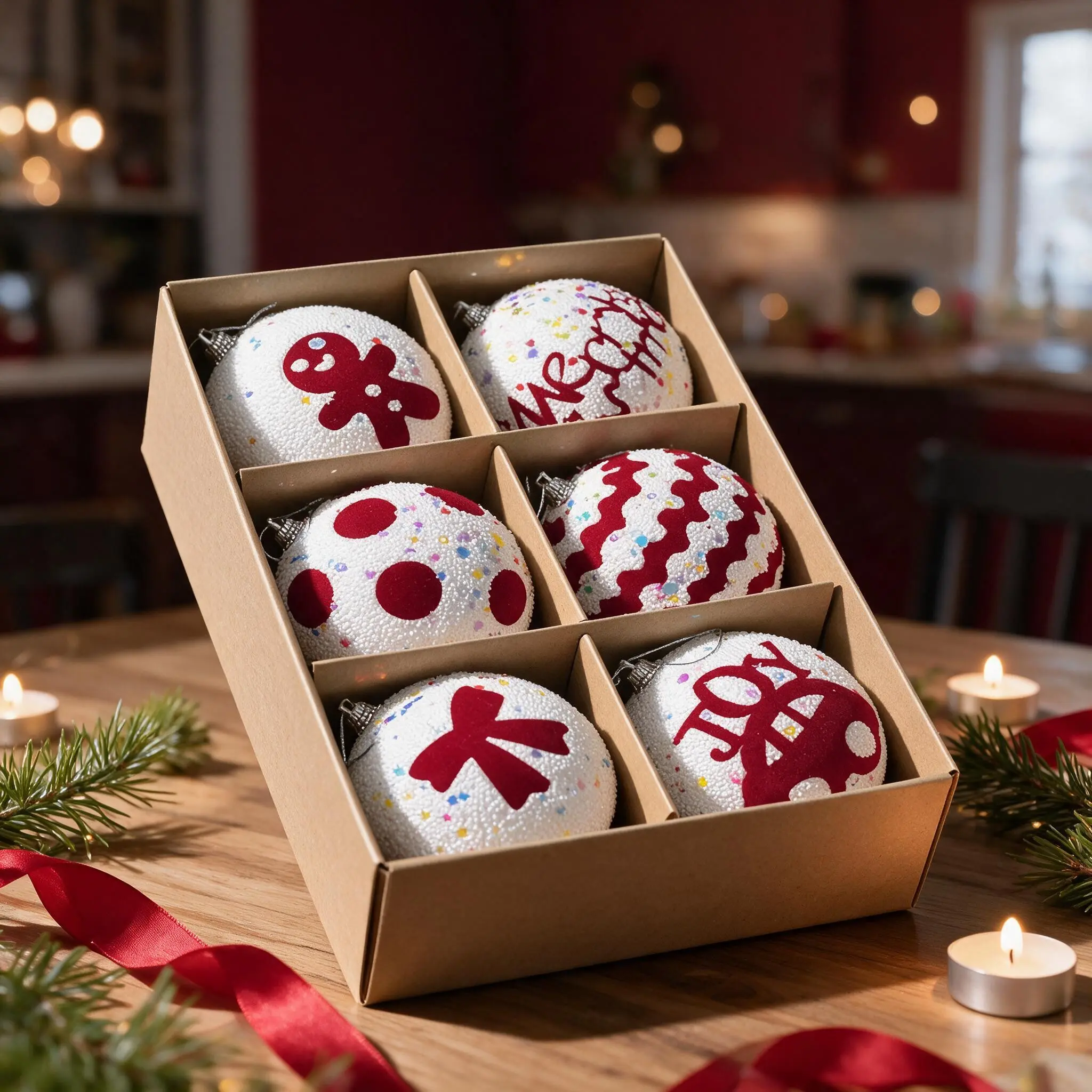 6-Pack 8cm Christmas Decorative Balls, Flocking Gingerbread Man Letter Polka Dot Cartoon Hanging Ornaments, Holiday Theme