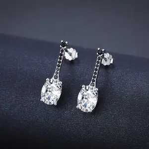 Oval Cut CZ Linear Drop Earrings Black Pave Silver Tone
