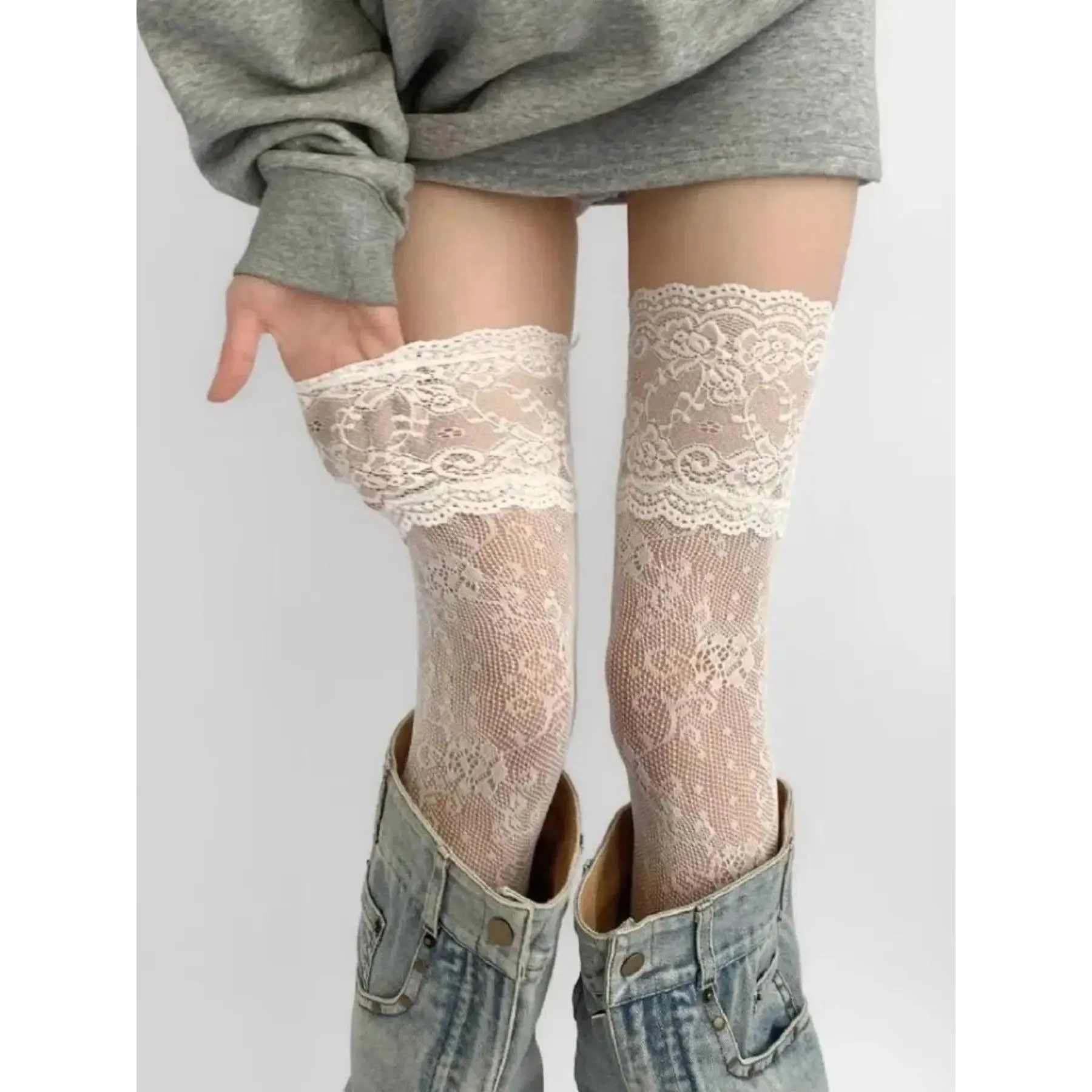 Women's 2-Pair Over-Knee Sheer Fashion Socks, Thin Leg Floral Lace Fishnet Stockings, Lightweight Breathable Nylon Mesh, One Size, Fit