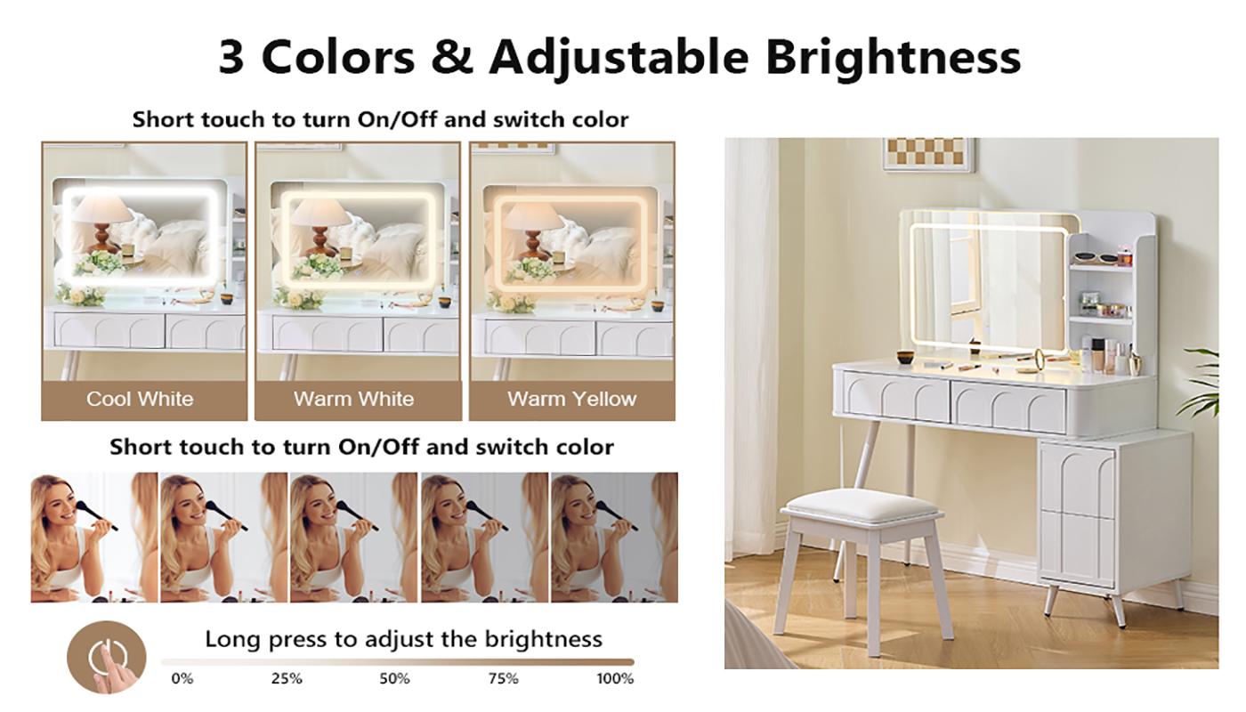 Modern Makeup Vanity Desk with LED Lights & Mirror, 4 Drawer Dressing Table Set with Stool,  Space-Saving for Bedroom, White/Black