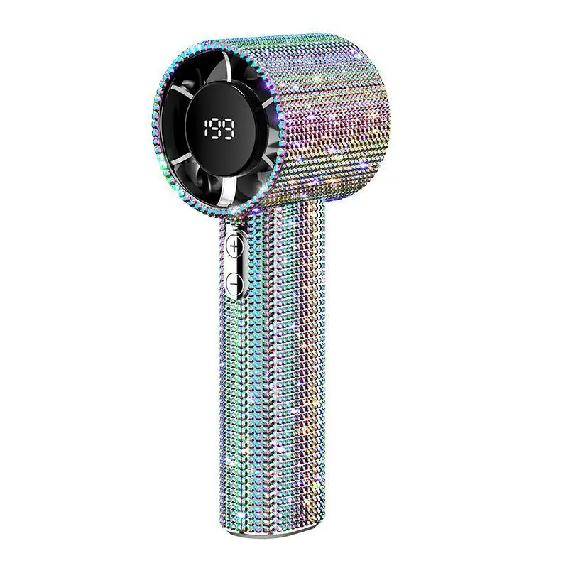 Diamond-Shimmering Luxury Handheld Fan, Portable Turbo Fan with Adjustable Wind Speed, Rechargeable Long Battery Life, Digital Display Design, Ideal for Outdoor Activities, Travel, and Office Use, Powerful Airflow with Long-Distance Blowing.