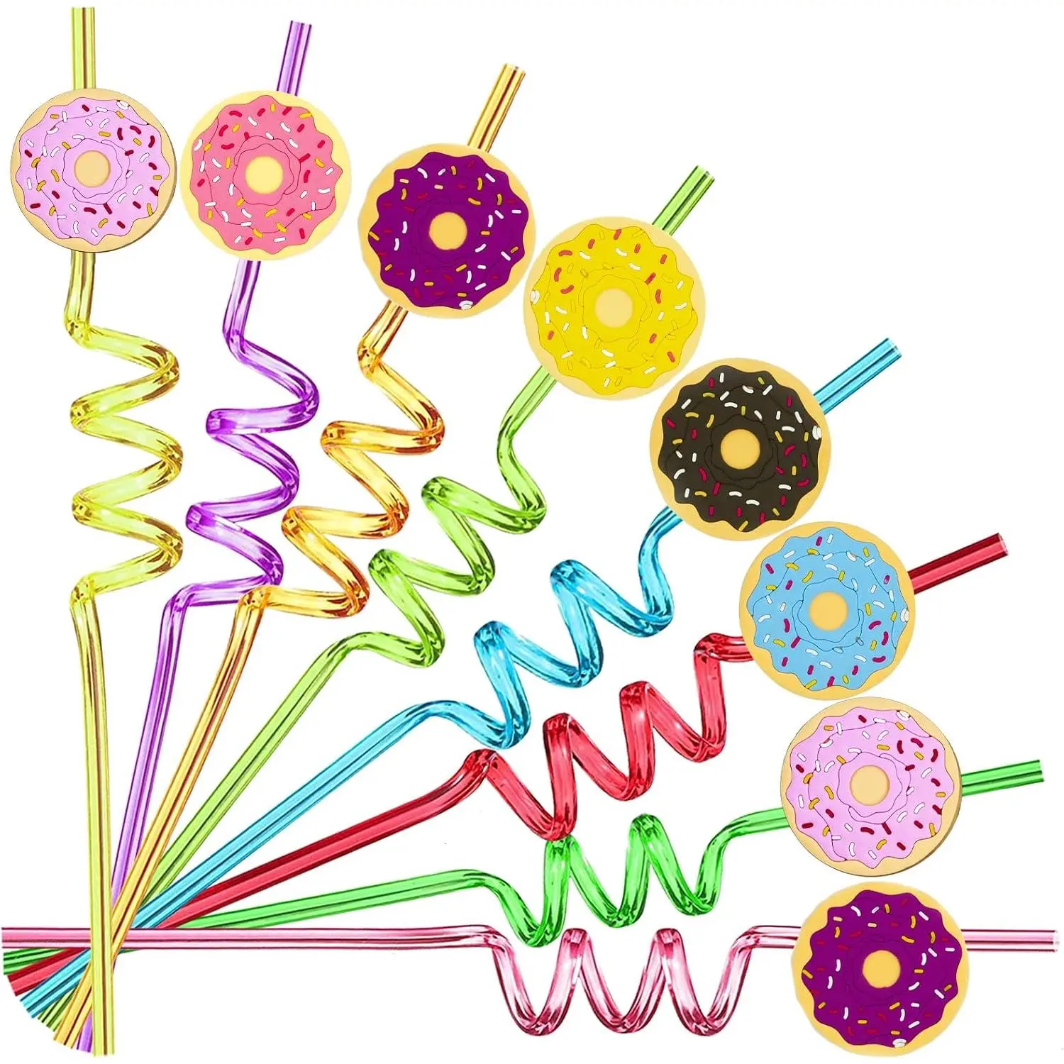24  Donut Crazy Shape Straws for Birthday Party Supplies Party Decorations Party Favors with 2 Cleaning Brushes 8 Color Straws
