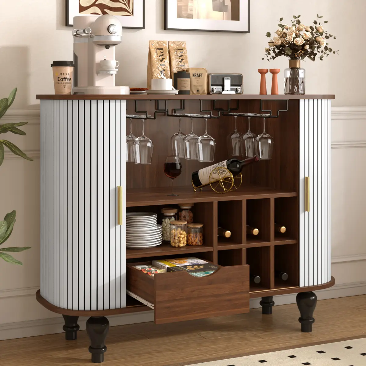 39" Width Mid-Century Modern Fluted MDF+Metal Bar Cabinet - Wine Rack, 3 Glass Holders, Large Storage Drawer, 4 Side Hidden Storage Spaces, Vertical Stripes, Simple Setup, White Indoor Cupboard