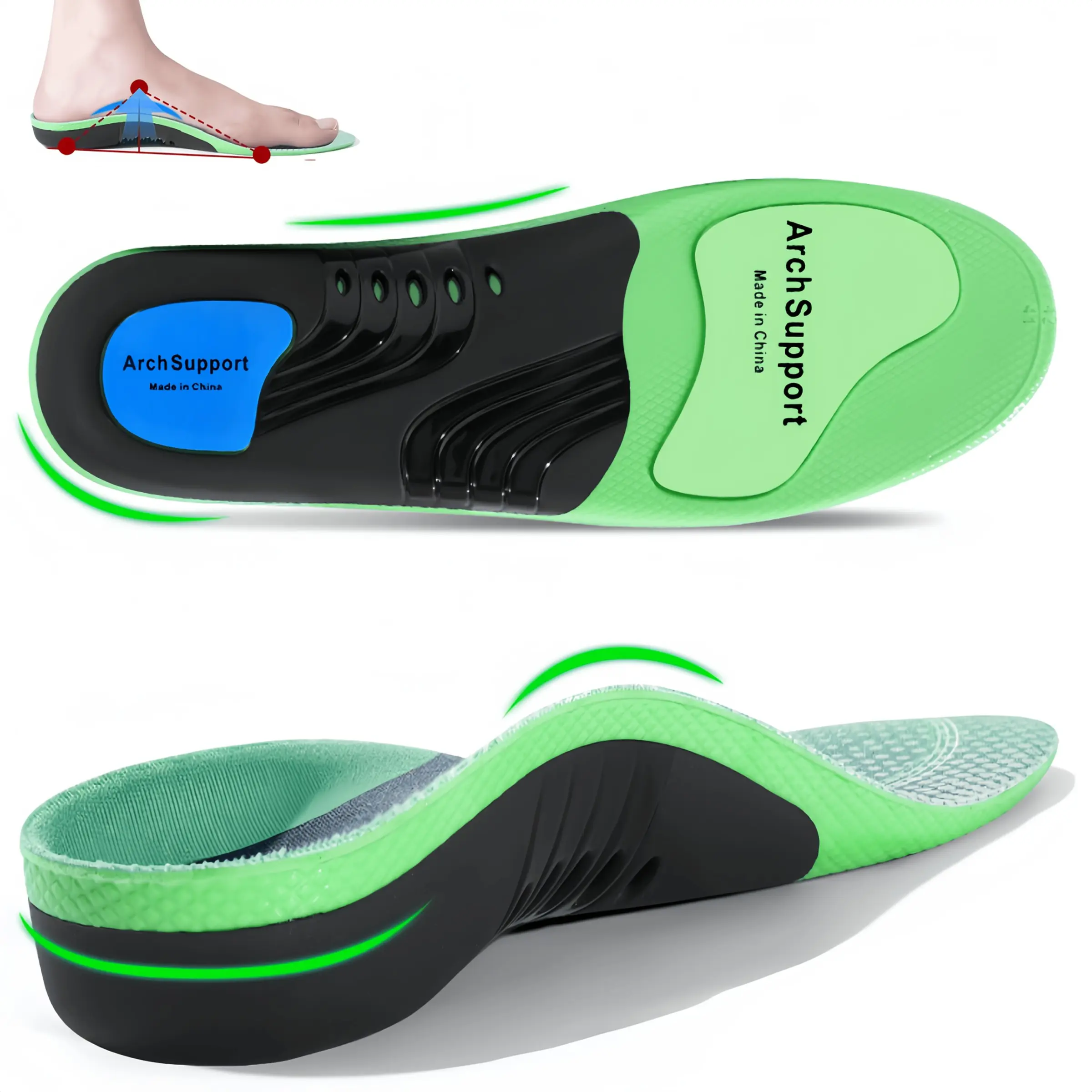 Unisex Arch Support Shoe Insoles, 1.38 Inch Arch Correction, Tpu Shock Absorption, PU Running Inserts