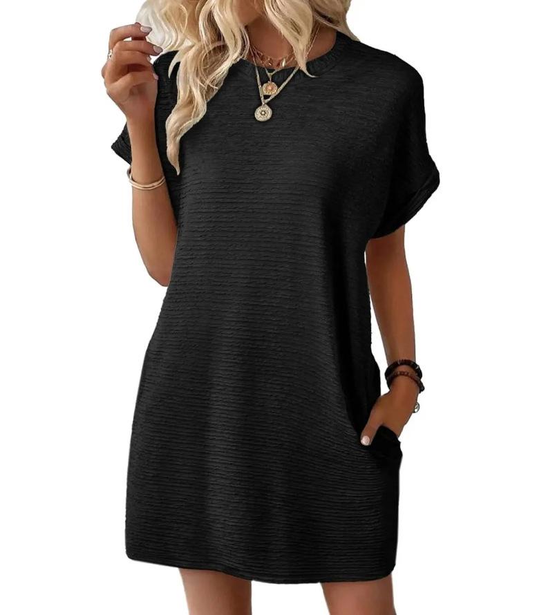 2026 Summer New Loose Crew Neck Pocket Solid Color Short Sleeve Dress for Women Casual Daily Wear Mini Dress