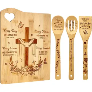 4Pcs Christian Faith Religious Inspirational Gift Set Cross Bible Verse Cutting Board Spatula Spoon, Christian Home Decor for Women Mom Elderly Birthday Mother's Day Catholic Gifts