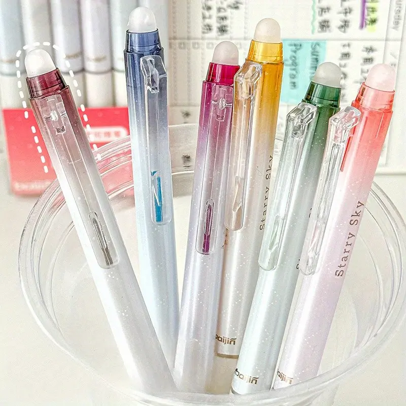 6 Pack Erasable Glitter Neutral Pens, 0.7mm Medium Tip, Retractable Plastic Design, Ideal for Diaries, Home, School, Office Use