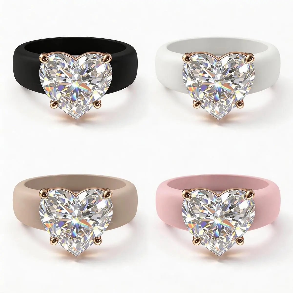 Women's Silicone Ring with Large heart-shaped CZ Stone, Rose Gold Prong Setting, Comfortable Sport Wedding Band, Anti-allergy Jewel,party favors, gathering gifts